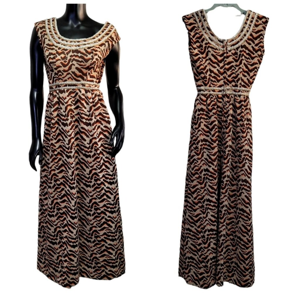 Vintage 70s Handmade Beige Metallic Zebra Stripe Dbl Knit Polyester Empire Waist